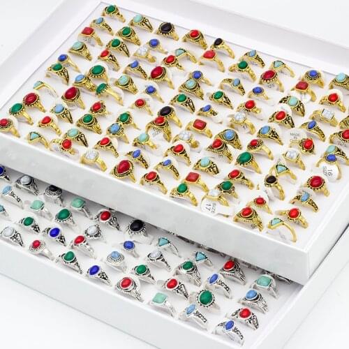 50pcs/lot Womens Bohemia Style Rings Antique Silver Color Stone Jewelry Finger joint ring Dropshipping Party Gifts