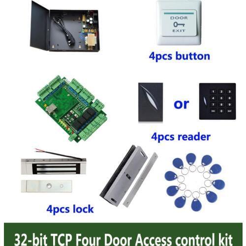 Access control kit,TCP four door access control+powercase+180kg magnetic lock+U-bracket +ID reader+button+10 ID tags,sn:kit-T404