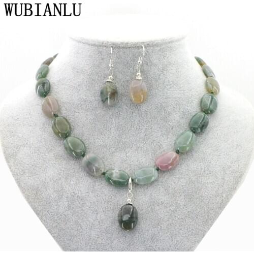 WUBIANLU New Womens Pendant Necklace Earrings Jewelry Set Natural Stone 13X18mm Red Rubies Agates Jades Opal Oval Bead T218