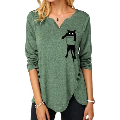 Fashion V Neck Cute Pocket Cat Irregular Hem Womens T-shirt Spring Autumn Loose Casual Hedging Green Long Sleeve Ladies Tees