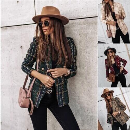 Fashion Women Winter Warm OL Coat Elegant Long Sleeve Plaid Jacket Ladies Outwear Office Lady Party Club Streetwear