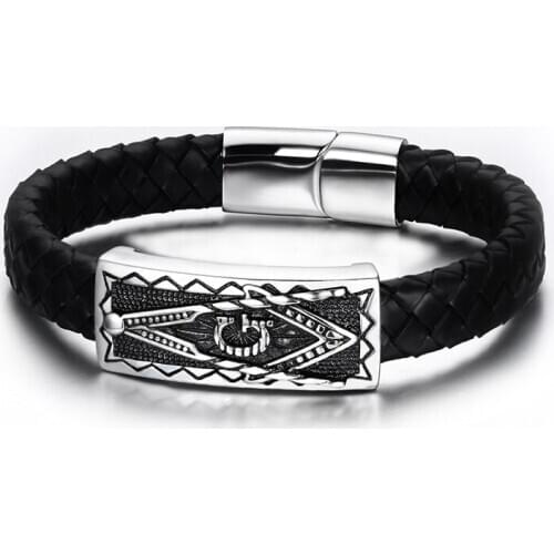 Mens Stainless Steel Freemason Masonic Bracelet Punk Genuine Black Leather Wrap Bracelets Bangles Buckle Jewelry B00153