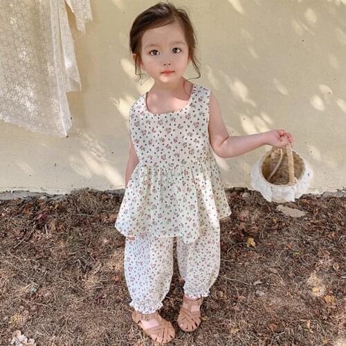 2021 New Girls Korean Clothing Set Baby Kids Cute Fashion Polka Dot Floral Sleeveless Top Vest+Pants Suit 2PCS Children Clothing