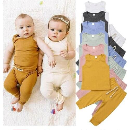 Newest Newborn Baby Boys Casual Outfits Solid Sleeveless Vest Tops T-shirt Long Pants Knitted Baby Boys Clothes Sets