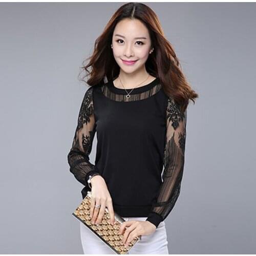 New 2021 Simple Style Women Spring Autumn Style T Shirts Lady Casual Slim Lace O-Neck Flower Printed Tees Shirt Tops with Pocket