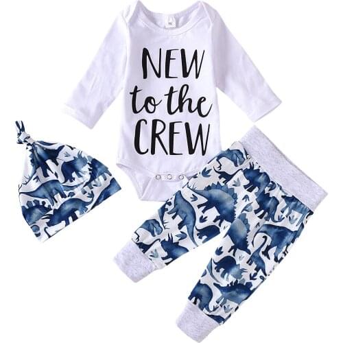 Newborn Baby Boy Clothes Letter Long Sleeve Romper Cartoon Cute Dinosaur Long Pants with Hat Autumn Spring Kids Set 0-18M