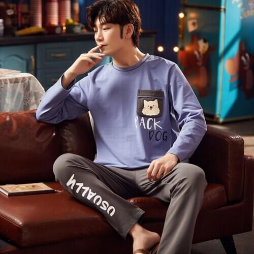 Autumn Winter Men Pyjamas Cotton Long Sleeve Pajamas Set Casual Plus Size Male Homewear Clothing Cartoon With Pocket Sleepwear