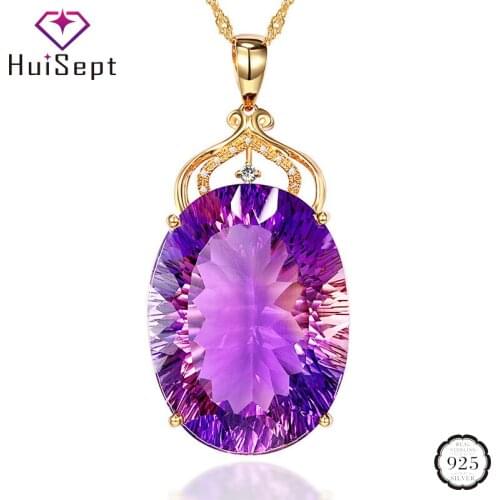 HuiSept 925 Silver Jewelry Necklace with Oval Shape Amethyst Gemstone Pendant Gold Color Ornaments for Women Wedding Party Gift