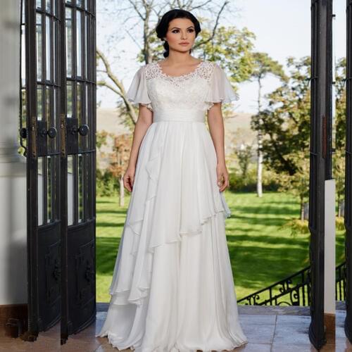 Simple O-Neck Wedding Dresses 2015 Cheap Chiffon Floor Length Ruffled with Lace Bridal Gown Vestidos De Noiva Robe De Mariage