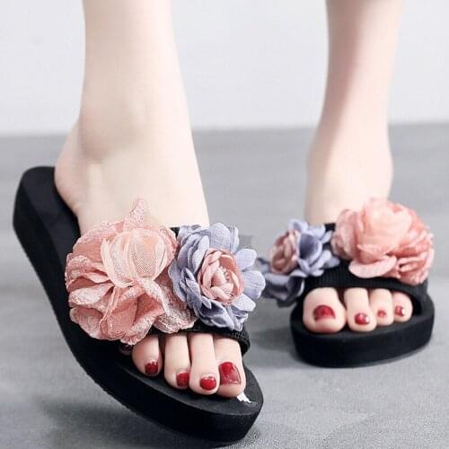 Flowers slippers women platform shoes summer wedges fresh 2019 korean new beach flip flops anti-skid sweet girls slides casual