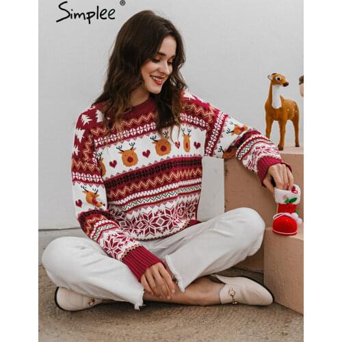 Simplee Causal red autumn winter christmas sweater Animal design long sleeve female pull femme Fashion o-neck knitted sweater