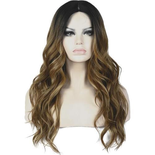 StrongBeauty Womens Ombre Wig Long Curly Hair Brown With Dark Root Synthetic Full Wigs