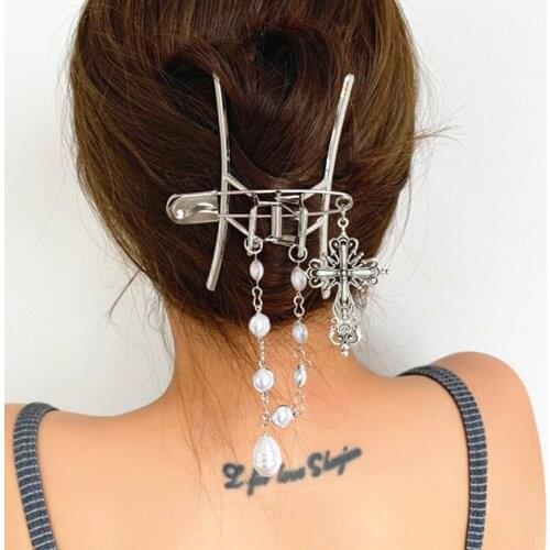 Retro Cross Chain Pearl Metal Hair Clip Claws European Vintage Punk Female Summer Head Hairpin Large Statement Hair Headdress