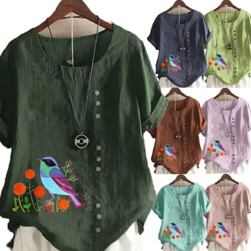 Womens Linen Shirt Round Collar Cartoon Bird Printed T-shirt Short Sleeve Casual Shirt Ladies Plus Size Looes Tops & Blouses