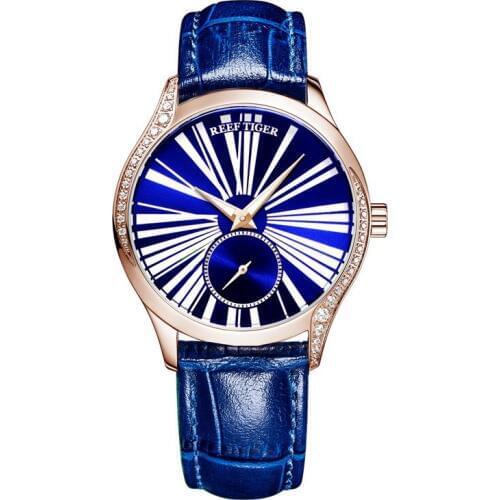 Reef Tiger RGA1561 Lady Luxury Austria Crystal Second Dial Women Automatic Meachanical Wrist Watch With Leather Strap - Rosegold