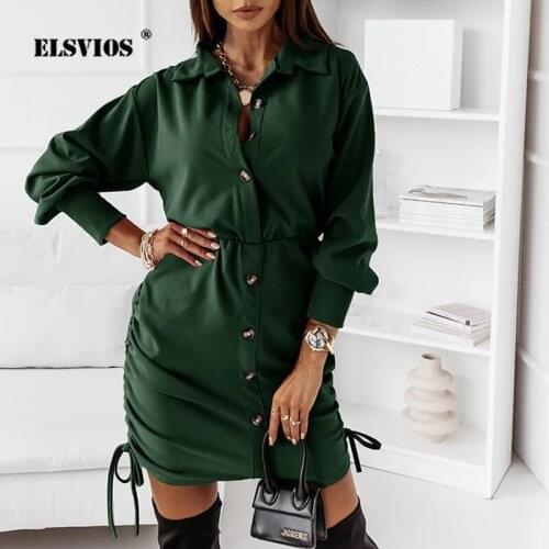 Women Fall Winter Fashion Draw String Turn-down Collar Buttons Shirts Dress Long Sleeves Casual Solid Color Slim Elegant Dresses