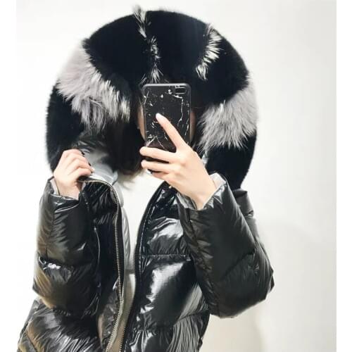 Winter Cotton Jacket Short Parkas Women Gold Silver Double Side Wear Coat White Big Artificial Faux Fur Hooded Female Oversized