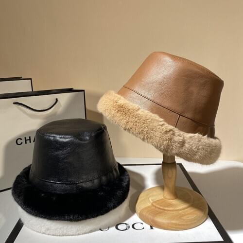 Faux Fur Winter Bucket Hat for Women Leather Solid Rabbit Fur Thicken Warm Men Fishman Buckets Caps Fashion Outdoor Wholesale