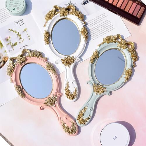 1PCS Wooden Resin Vintage Luxuriant Handle Makeup Mirror Pink White Green Hand Hold Oval Elliptical Cute Creative Cosmetic Gift