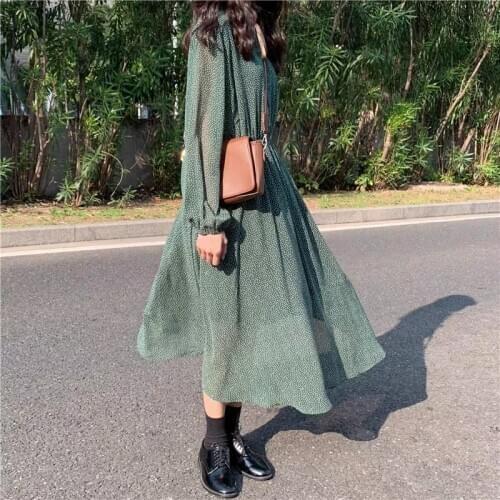 2021 Spring Polka Dot Vintage Women Dress Green Elastic Waist Female Long Dress A-line Plus Size Midi Dress Vestidos Femme 9886