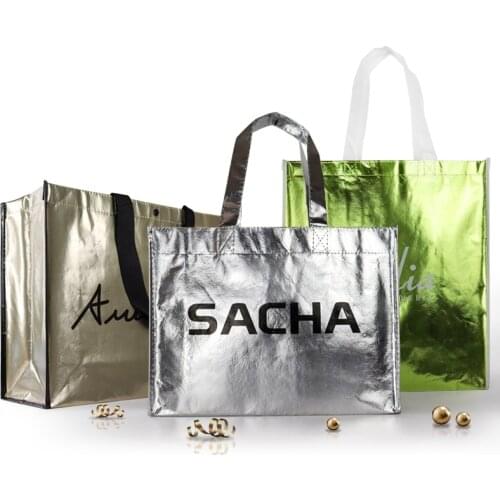 500pcs/Lot Promotional Custom Metallic Laminated Bags Clothing Shoes Packing Grocery Heavy Loading Capacity Fabric Tote Bgas