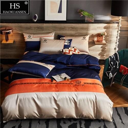 Business Bedding Set Orange Sapphire Blue Champagne Plaid Design Duvet Cover Bed line Bedsheet/Fitted Sheet Bed Cover Pillowcase
