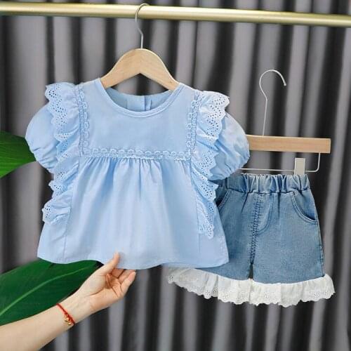 2021 summer new girls' suit childrens cotton Korean style 2-piece Baby Short Sleeve shorts suit
