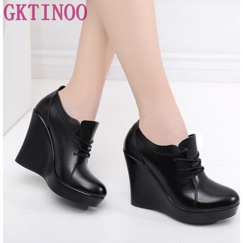 GKTINOO Lace Up Wedges Shoes for Women 2021 Autumn Platform Pumps Woman High Heels Black Office Shoes Ladies Plus Size 33-41