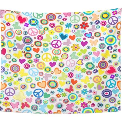 Tapestry Retro Flower Power Peace Signs Circles and Butterflies Abstract Tapestries Wall Hanging for Living Room Bedroom Dorm