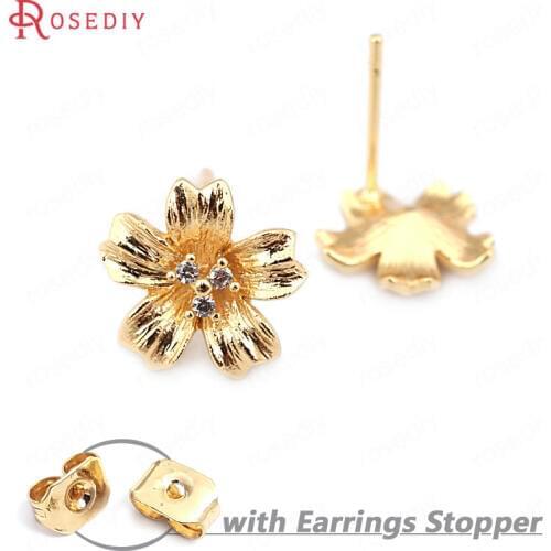 6PCS Flower 11*11MM 24K Gold Color Brass with Zircon Flower Stud Earrings Pins High Quality Diy Jewelry Findings Accessories