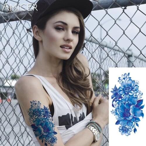 Indian Arabic Fake Temporary Flash Henna Tattoo Stickers Blue Rose Flowers Tattoo Arm Shoulder Leg Tattoo Waterproof Women