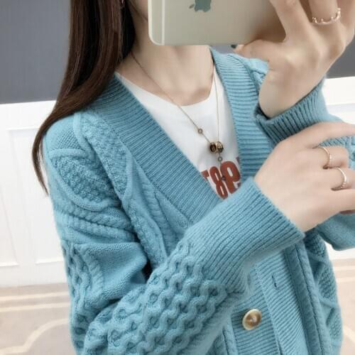 Womens Sweater Cardigan 2021 Spring and autumn Loose Long-sleeved Knitted Cardigan Coat Short Solid color Casual Female Jacket