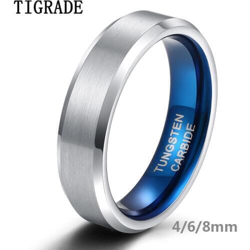 Tigrade 4/6/8mm Classic Wedding Band Engagement Rings Silver Color Blue Engraving Tungsten Carbide Rings For Women Men Size4-14