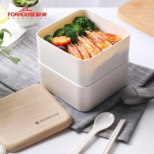 1.4L Square 2 Layer Lunch Box Nordic Style Food Container Microwavable Oven Bento Portable Leakproof With Spoons Chopsticks