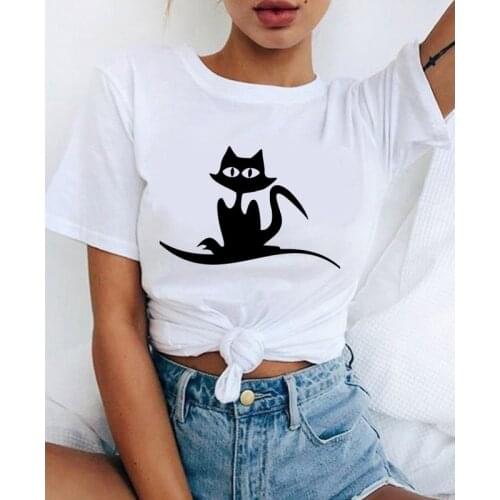 Summer new Funny Black skinny cat T-shirt printed chic Harajuku Neck Casual retro top womens fashion T-shirt