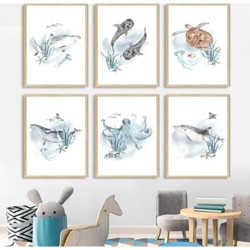 Marine Life Whales Sharks Octopus Turtles Nursery Wall Art Canvas Painting Posters And Prints Wall Pictures Baby Kids Room Decor