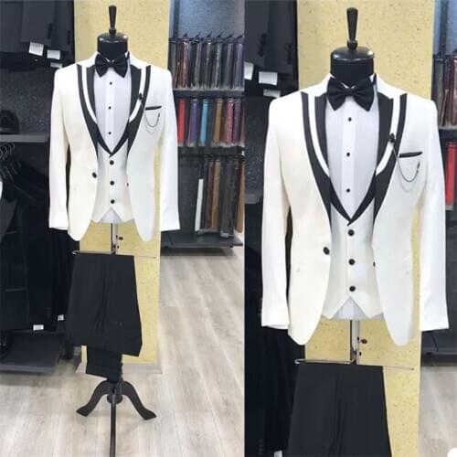2020 Mens Wedding Suits 3- Piece White And Black Custom Made Peak Lapel Groom Wedding Double-breasted Men Suits