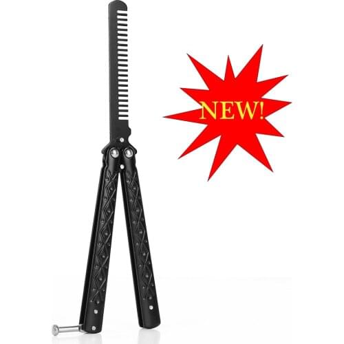 New 1pc Foldable Butterfly Knife Comb Stainless Steel Practice Training Comb Butterfly Comb Hairstyling Traveling Accessory
