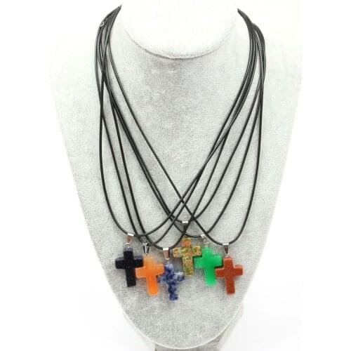 New Natural Stone Agate Opal Topaz Pendants Necklace 18x25mm Cross Korean Wax Thread Necklace for Unisex Charm jewelry gifts