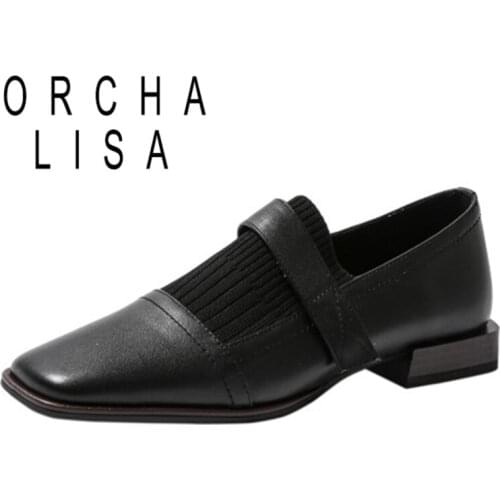 ORCHA LISA 2021 Genuine Leather Ladies Flats Patchwork Lofers Hook Loop Square Toe 2cm Heels Size 34-42 Black Apricot A4316