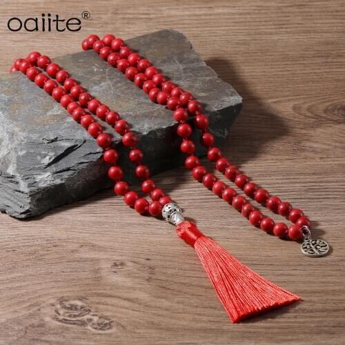 OAIITE 108 Beads Mala Necklace Handmade Tassel Jewelry For Unisex 8mm Red Turquoises Hand Knotted Necklace With Red Tassel