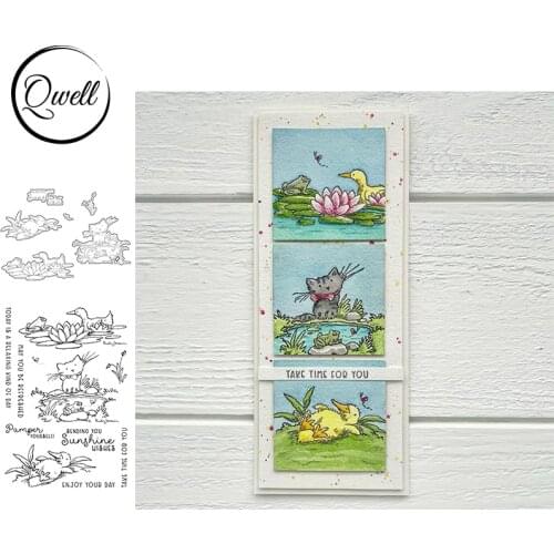 QWELL Critter Duck Cat Frog Relaxing Day Lotus Stone Lake Riverside View Dies With Stamps DIY Album Craft Paper Cards 2021