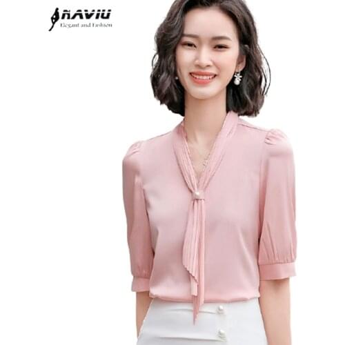 Professional Temperament Half Sleeve Shirt Women 2021 Summer New Pink Chiffon V Neck Blouses Office Ladies Formal Work Tops