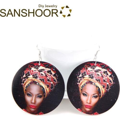 SANSHOOR Painted Black Woman Headwrap Wood Drop Earrings Afrocentric Ethnic Jewelry 6cm Large Size As Women Christmas Gift 1Pair