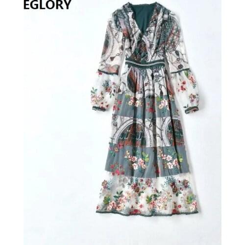 Vintage Print Dress 2021 Spring Summer Style Women V-Neck Organza Embroidery Patchwork Long Sleeve Casual Party Tunic Dress