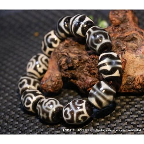 Magic Tibetan Old Agate Black&White Multiple Symbol dZi Bead Amulet Bracelet A&T Timestown UPD22