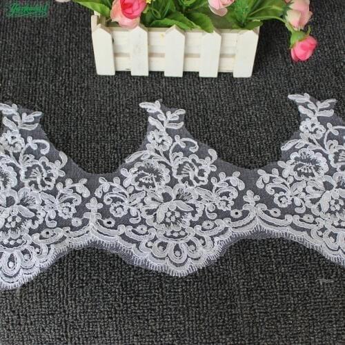 YACKALASI 5 Yards/Lot White Bridal Lace Fabric Wedding Lace Appliqued 3D Flower Embroidered Lace Scalloped Mesh Princess 19cm