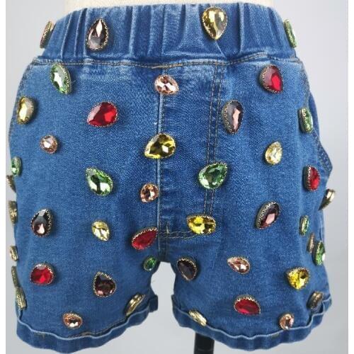 2020 Summer Wear Heavy Tassels Nail Diamond Beads High All-match Waist Denim Shorts Women