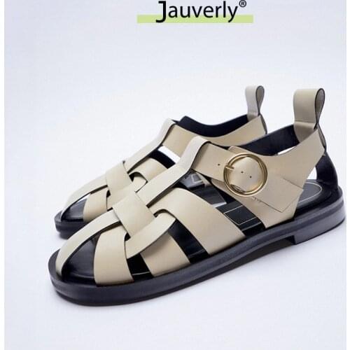 Retro Black Leather Gladiator Sandals Women 2021 Summer Cross Weaving Closed Casual Shoes Woman Round Toe Female Flat Shoes New