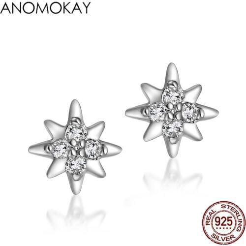 Anomokay Sparkling White Zircon Star Silver Stud Earrings for Women Girl Gift Real 925 Sterling Silver Simple Casual Earring